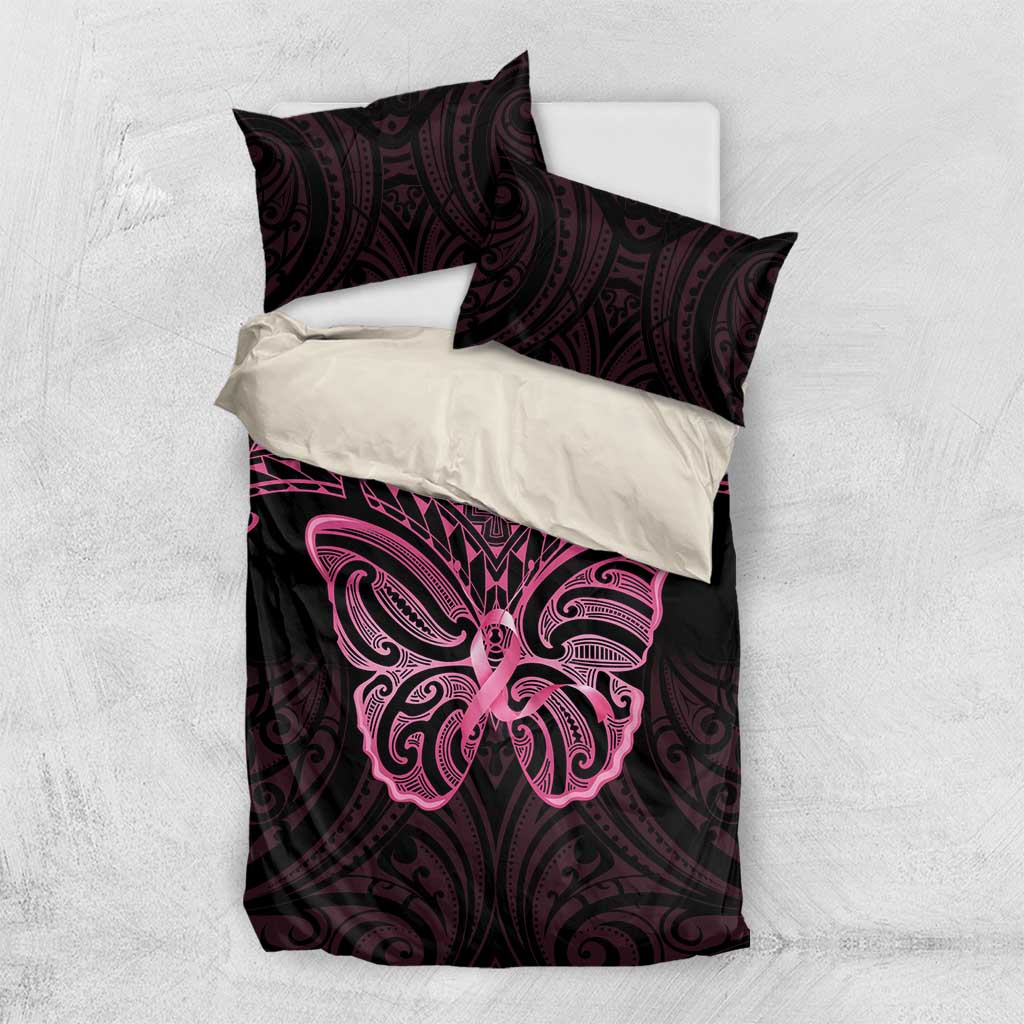 New Zealand Breast Cancer Awareness Bedding Set Maori Butterfly Pink Ribbon Black Version - Polynesian Pride