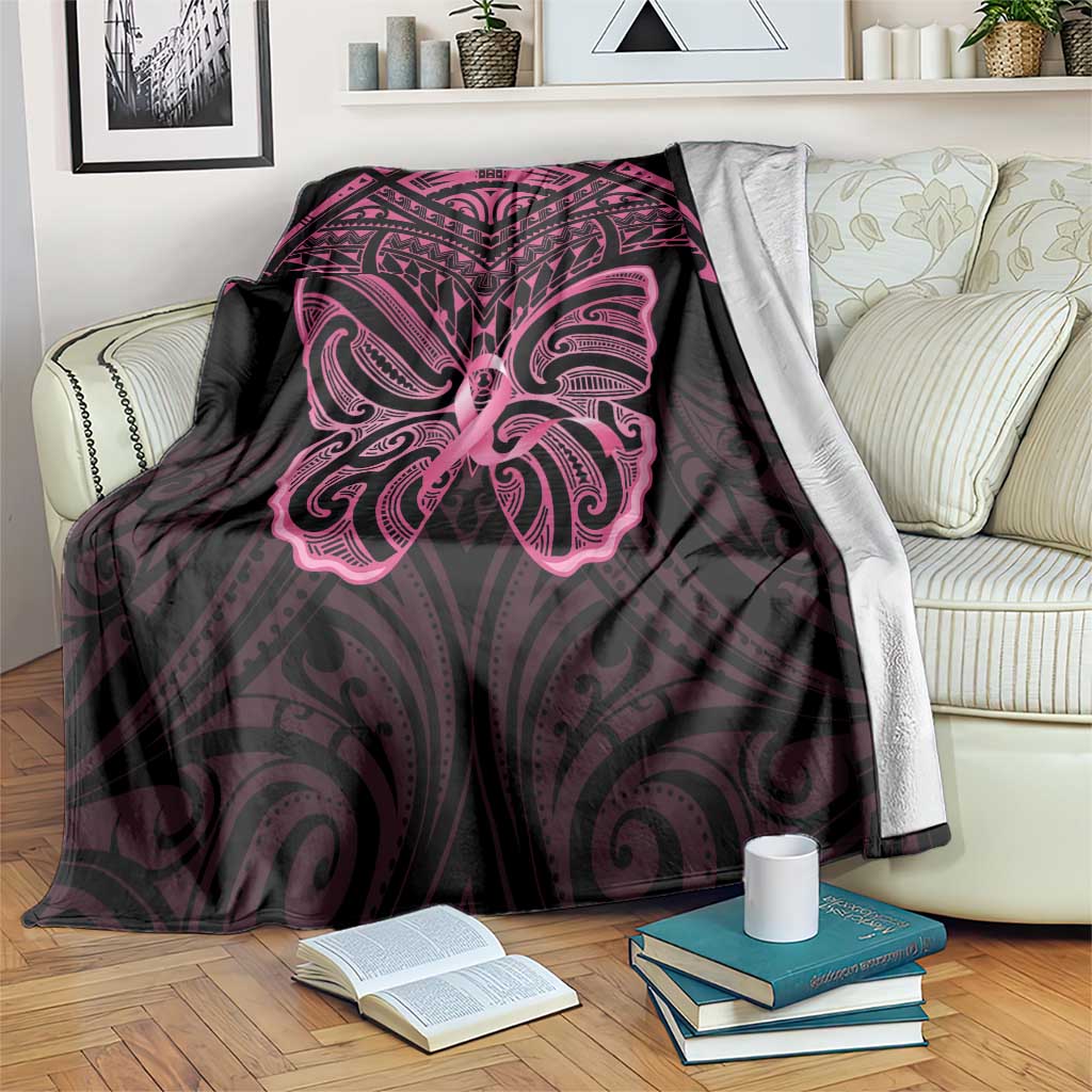 New Zealand Breast Cancer Awareness Blanket Maori Butterfly Pink Ribbon Black Version - Polynesian Pride