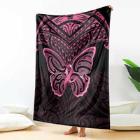 New Zealand Breast Cancer Awareness Blanket Maori Butterfly Pink Ribbon Black Version - Polynesian Pride