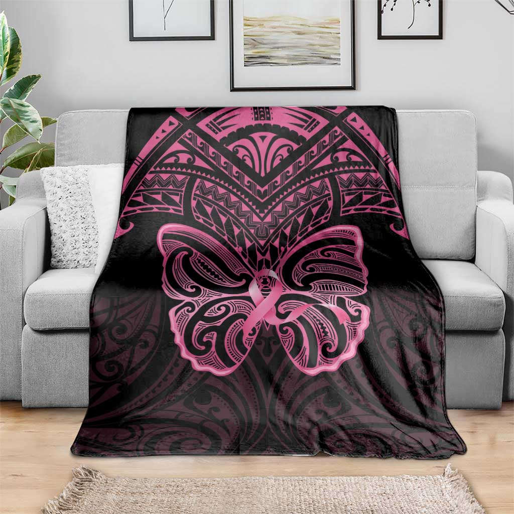 New Zealand Breast Cancer Awareness Blanket Maori Butterfly Pink Ribbon Black Version - Polynesian Pride