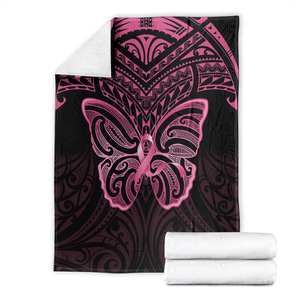 New Zealand Breast Cancer Awareness Blanket Maori Butterfly Pink Ribbon Black Version - Polynesian Pride