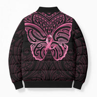 New Zealand Breast Cancer Awareness Bomber Puffer Jacket Maori Butterfly Pink Ribbon Black Version - Polynesian Pride