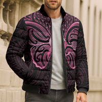 New Zealand Breast Cancer Awareness Bomber Puffer Jacket Maori Butterfly Pink Ribbon Black Version - Polynesian Pride