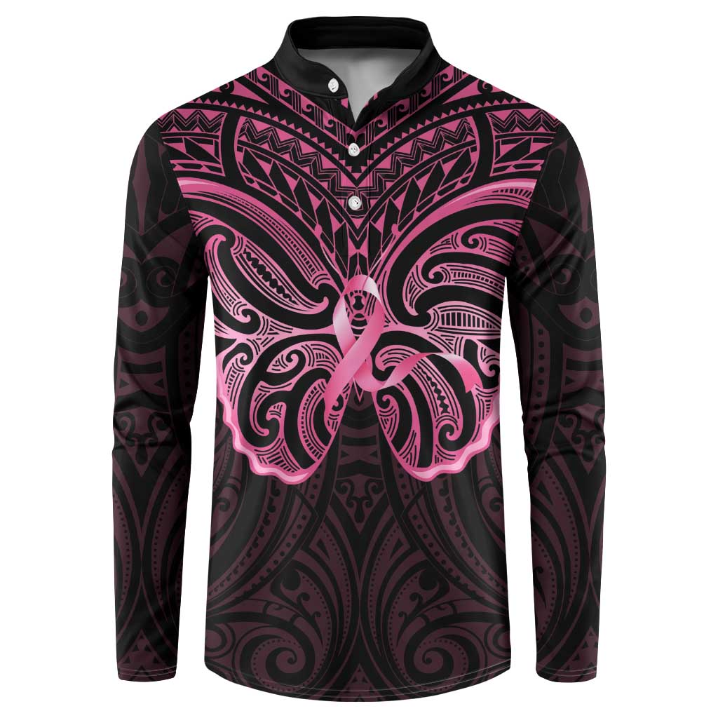 New Zealand Breast Cancer Awareness Button Sweatshirt Maori Butterfly Pink Ribbon Black Version - Polynesian Pride