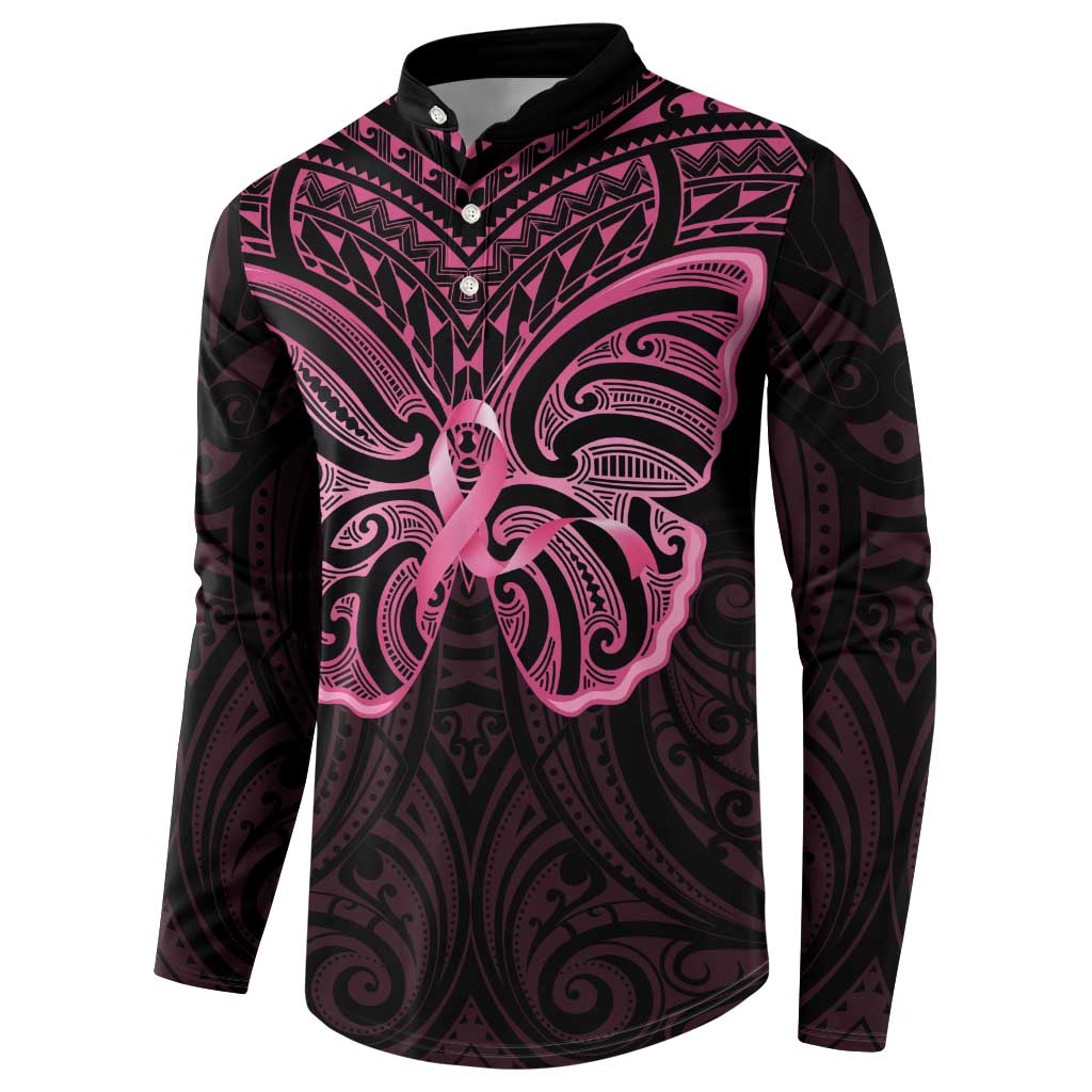 New Zealand Breast Cancer Awareness Button Sweatshirt Maori Butterfly Pink Ribbon Black Version - Polynesian Pride