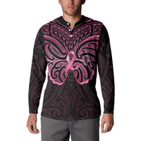 New Zealand Breast Cancer Awareness Button Sweatshirt Maori Butterfly Pink Ribbon Black Version - Polynesian Pride