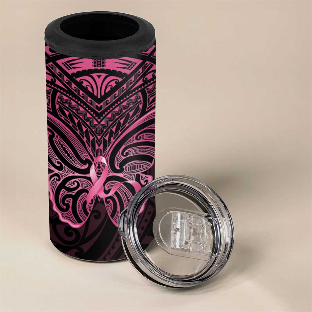 New Zealand Breast Cancer Awareness 4 in 1 Can Cooler Tumbler Maori Butterfly Pink Ribbon Black Version - Polynesian Pride