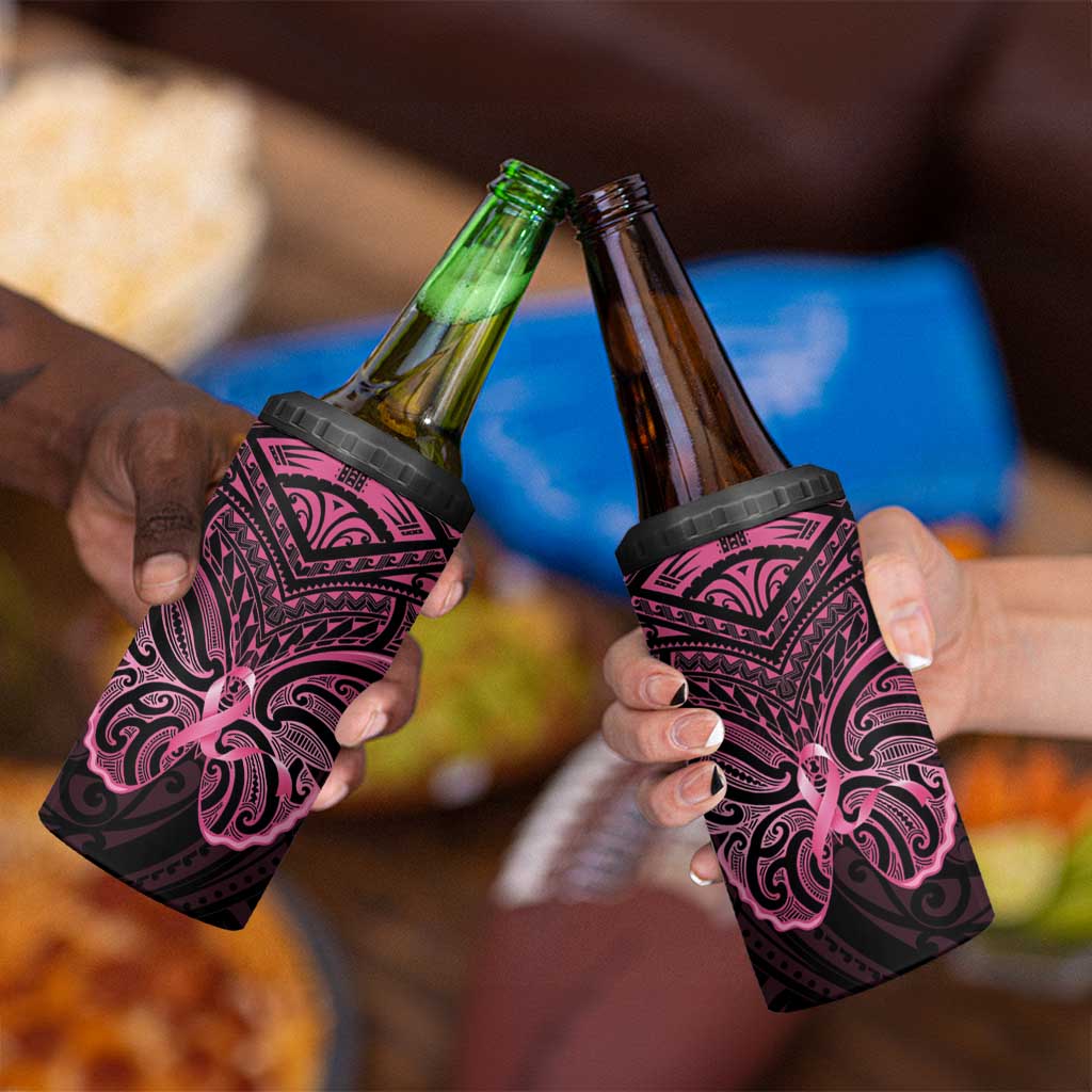 New Zealand Breast Cancer Awareness 4 in 1 Can Cooler Tumbler Maori Butterfly Pink Ribbon Black Version - Polynesian Pride