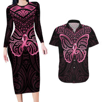 New Zealand Breast Cancer Awareness Couples Matching Long Sleeve Bodycon Dress and Hawaiian Shirt Maori Butterfly Pink Ribbon Black Version - Polynesian Pride