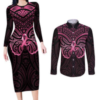 New Zealand Breast Cancer Awareness Couples Matching Long Sleeve Bodycon Dress and Long Sleeve Button Shirt Maori Butterfly Pink Ribbon Black Version - Polynesian Pride