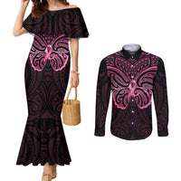 New Zealand Breast Cancer Awareness Couples Matching Mermaid Dress and Long Sleeve Button Shirt Maori Butterfly Pink Ribbon Black Version - Polynesian Pride