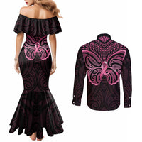 New Zealand Breast Cancer Awareness Couples Matching Mermaid Dress and Long Sleeve Button Shirt Maori Butterfly Pink Ribbon Black Version - Polynesian Pride
