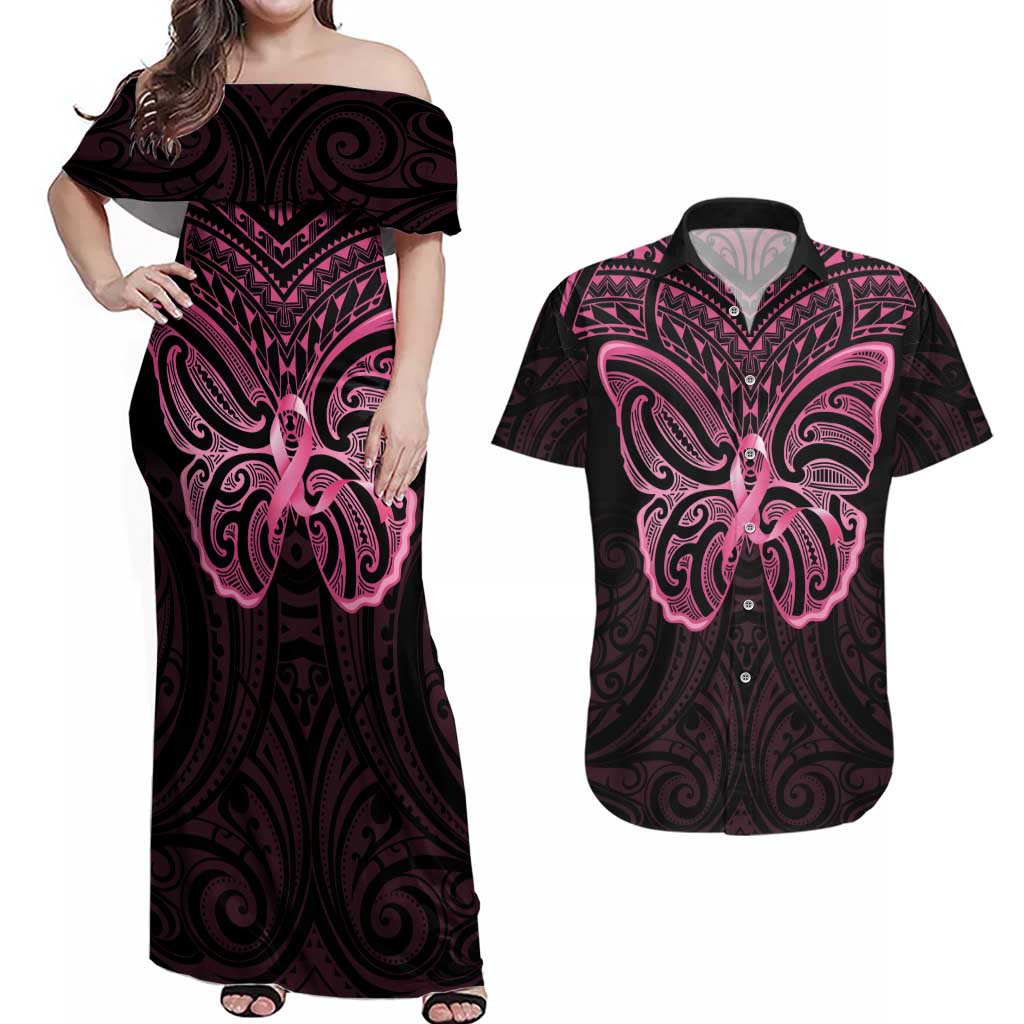New Zealand Breast Cancer Awareness Couples Matching Off Shoulder Maxi Dress and Hawaiian Shirt Maori Butterfly Pink Ribbon Black Version - Polynesian Pride