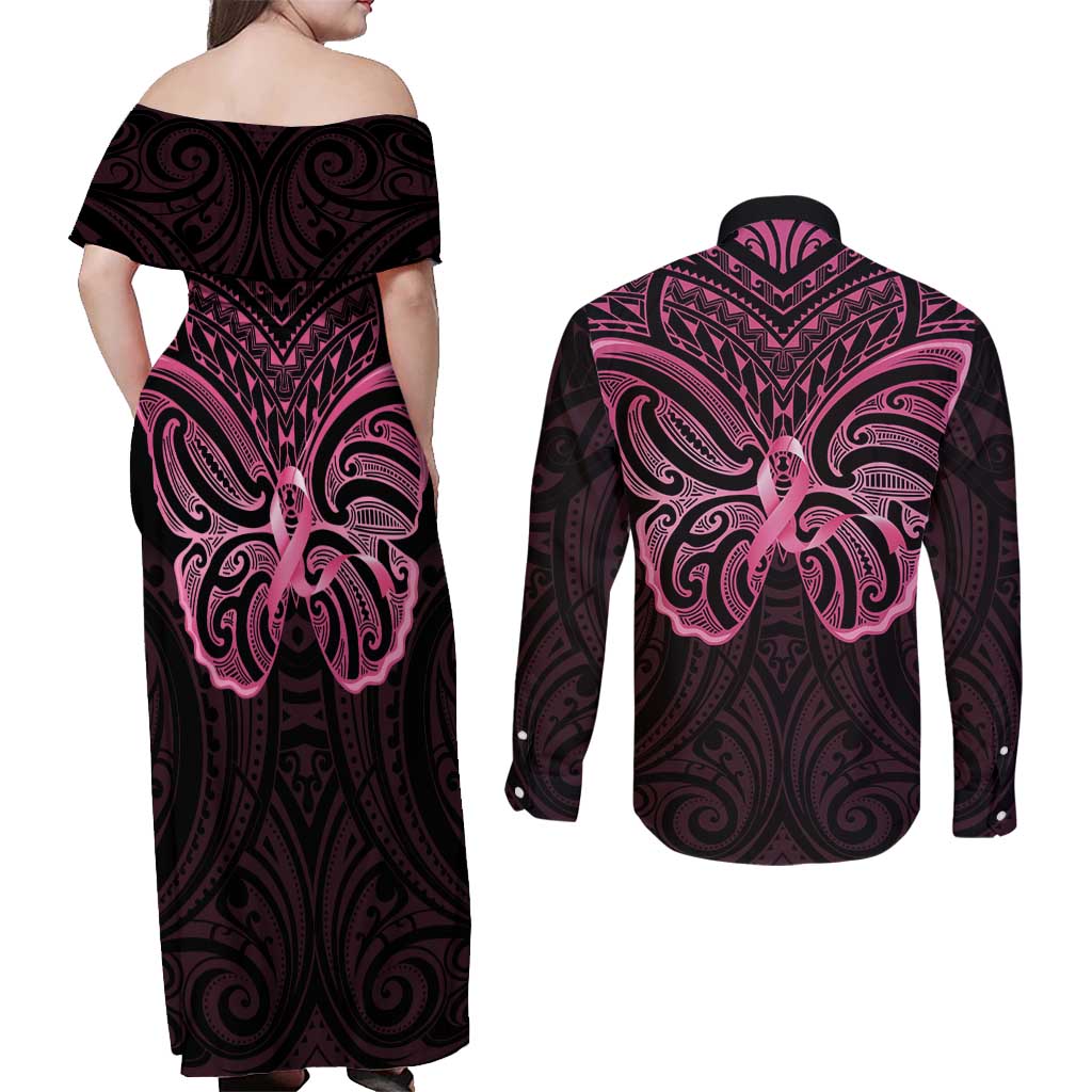 New Zealand Breast Cancer Awareness Couples Matching Off Shoulder Maxi Dress and Long Sleeve Button Shirt Maori Butterfly Pink Ribbon Black Version - Polynesian Pride
