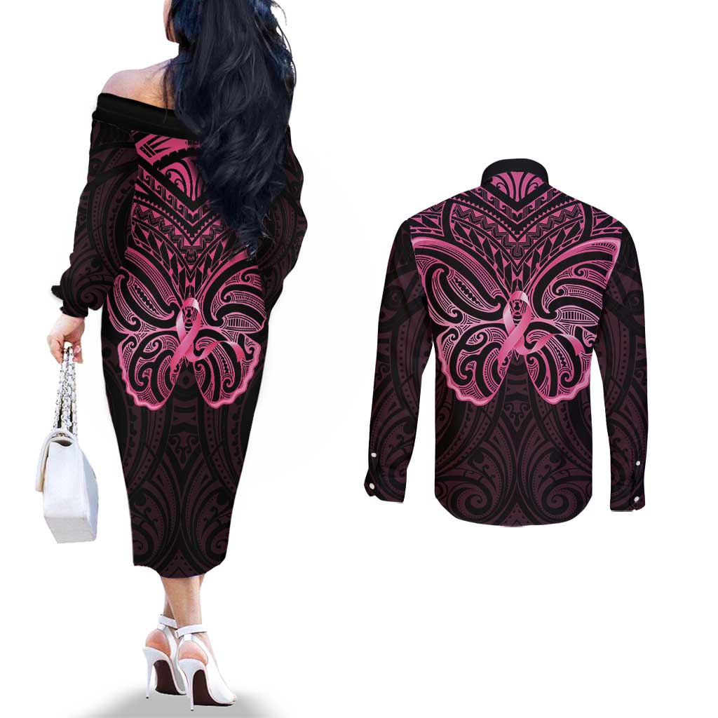 New Zealand Breast Cancer Awareness Couples Matching Off The Shoulder Long Sleeve Dress and Long Sleeve Button Shirt Maori Butterfly Pink Ribbon Black Version - Polynesian Pride