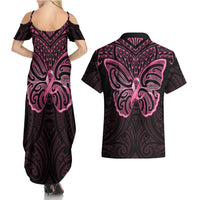New Zealand Breast Cancer Awareness Couples Matching Summer Maxi Dress and Hawaiian Shirt Maori Butterfly Pink Ribbon Black Version - Polynesian Pride