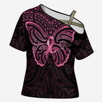 New Zealand Breast Cancer Awareness Cross Shoulder Shirt Maori Butterfly Pink Ribbon Black Version - Polynesian Pride