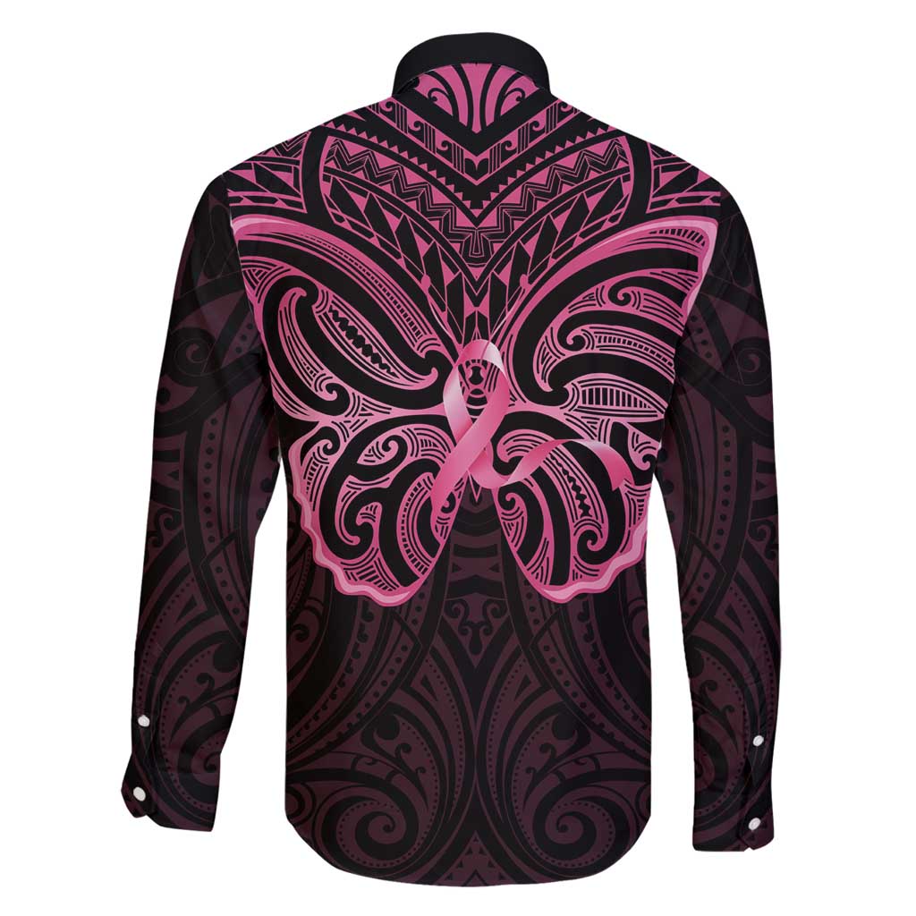 New Zealand Breast Cancer Awareness Family Matching Long Sleeve Bodycon Dress and Hawaiian Shirt Maori Butterfly Pink Ribbon Black Version - Polynesian Pride