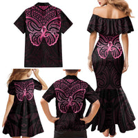 New Zealand Breast Cancer Awareness Family Matching Mermaid Dress and Hawaiian Shirt Maori Butterfly Pink Ribbon Black Version - Polynesian Pride