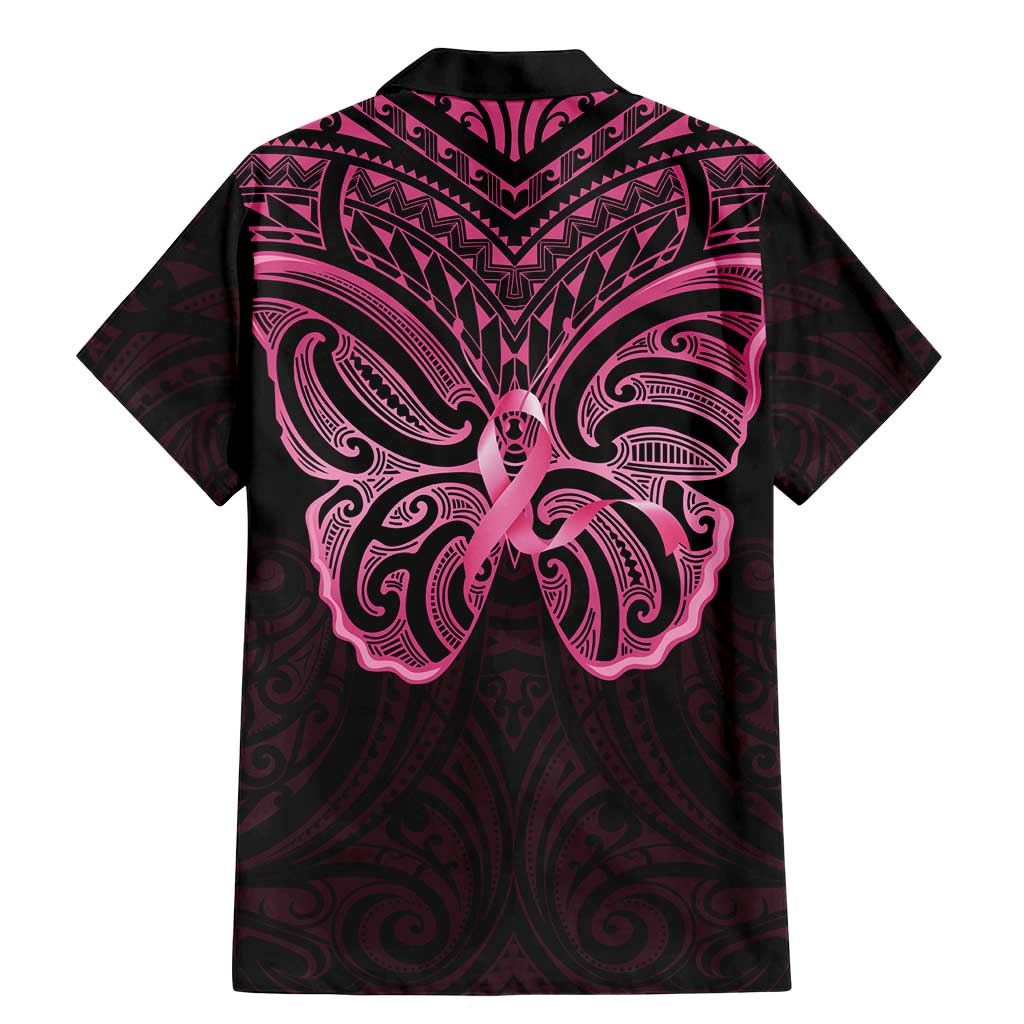 New Zealand Breast Cancer Awareness Family Matching Mermaid Dress and Hawaiian Shirt Maori Butterfly Pink Ribbon Black Version - Polynesian Pride