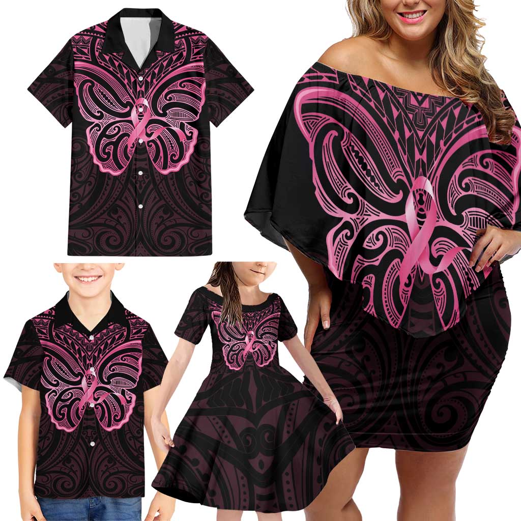 New Zealand Breast Cancer Awareness Family Matching Off Shoulder Short Dress and Hawaiian Shirt Maori Butterfly Pink Ribbon Black Version - Polynesian Pride