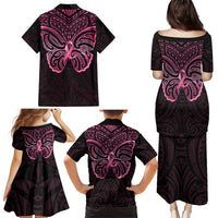 New Zealand Breast Cancer Awareness Family Matching Puletasi and Hawaiian Shirt Maori Butterfly Pink Ribbon Black Version - Polynesian Pride