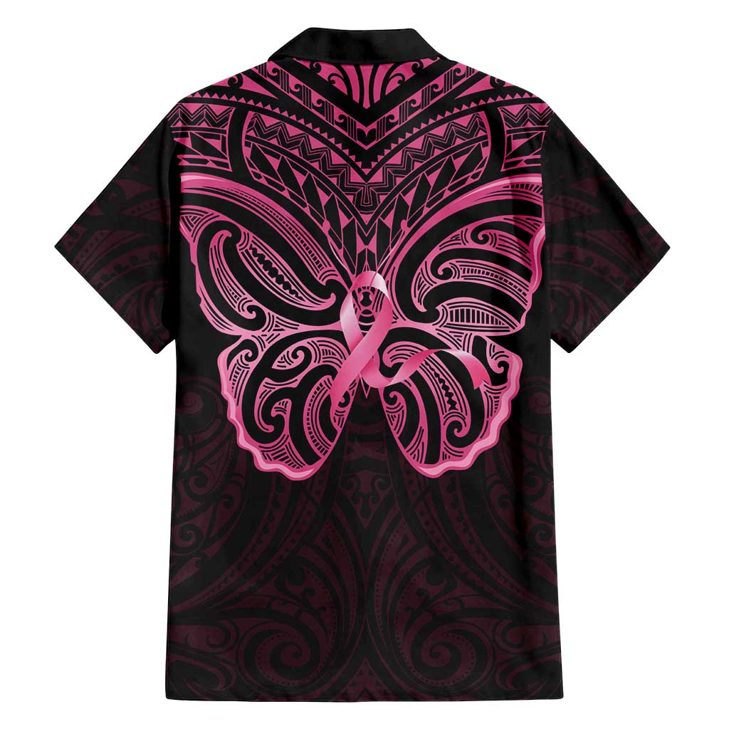 New Zealand Breast Cancer Awareness Family Matching Puletasi and Hawaiian Shirt Maori Butterfly Pink Ribbon Black Version - Polynesian Pride