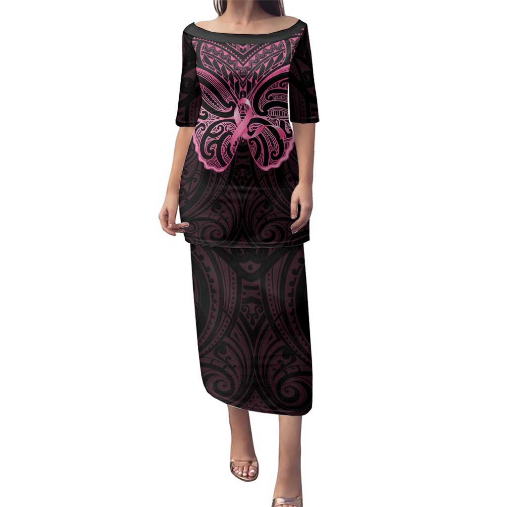 New Zealand Breast Cancer Awareness Family Matching Puletasi and Hawaiian Shirt Maori Butterfly Pink Ribbon Black Version - Polynesian Pride