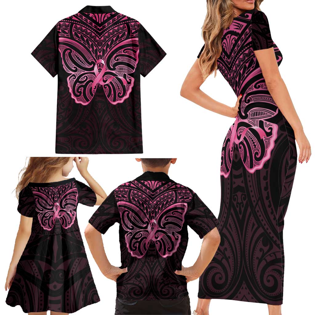 New Zealand Breast Cancer Awareness Family Matching Short Sleeve Bodycon Dress and Hawaiian Shirt Maori Butterfly Pink Ribbon Black Version - Polynesian Pride