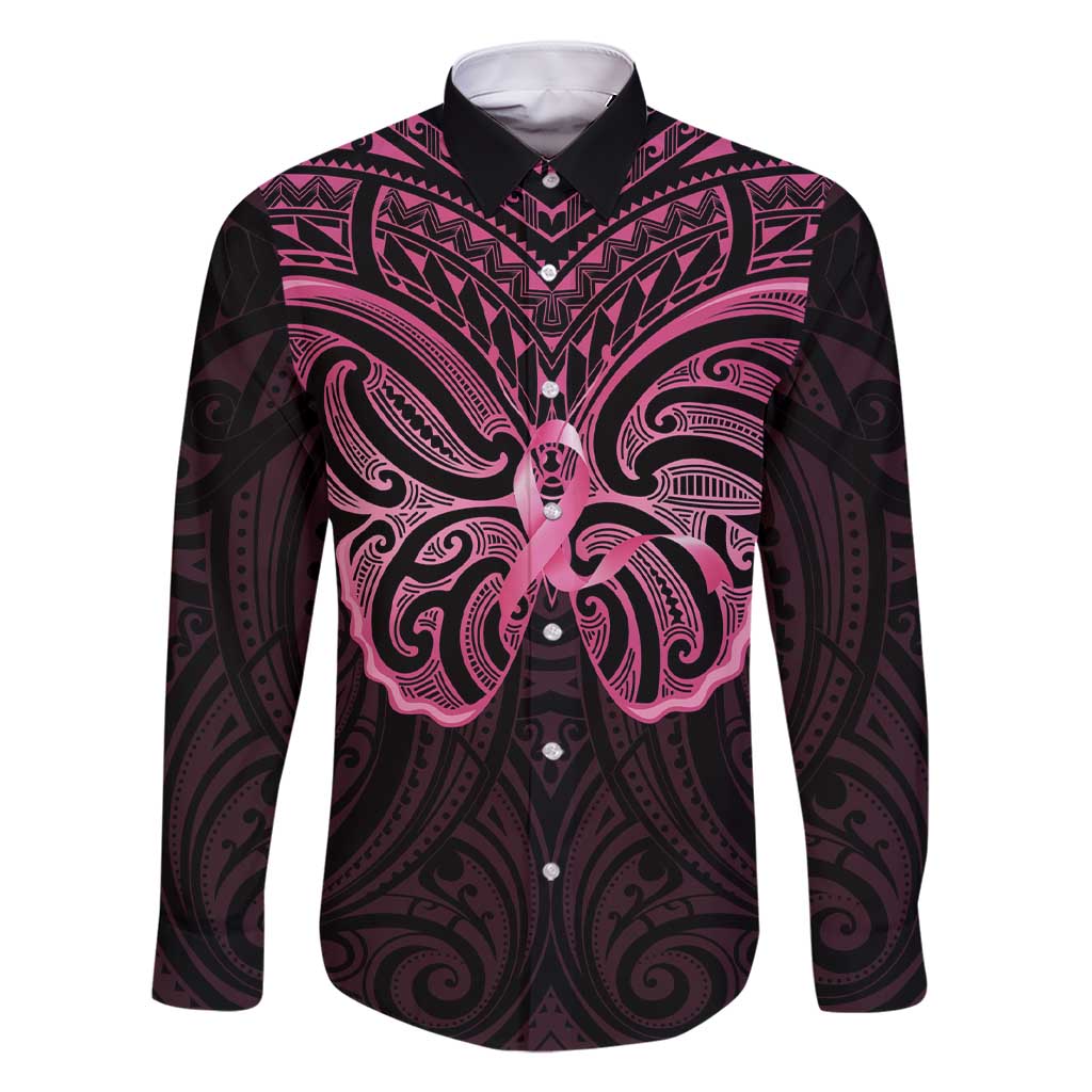 New Zealand Breast Cancer Awareness Family Matching Short Sleeve Bodycon Dress and Hawaiian Shirt Maori Butterfly Pink Ribbon Black Version - Polynesian Pride