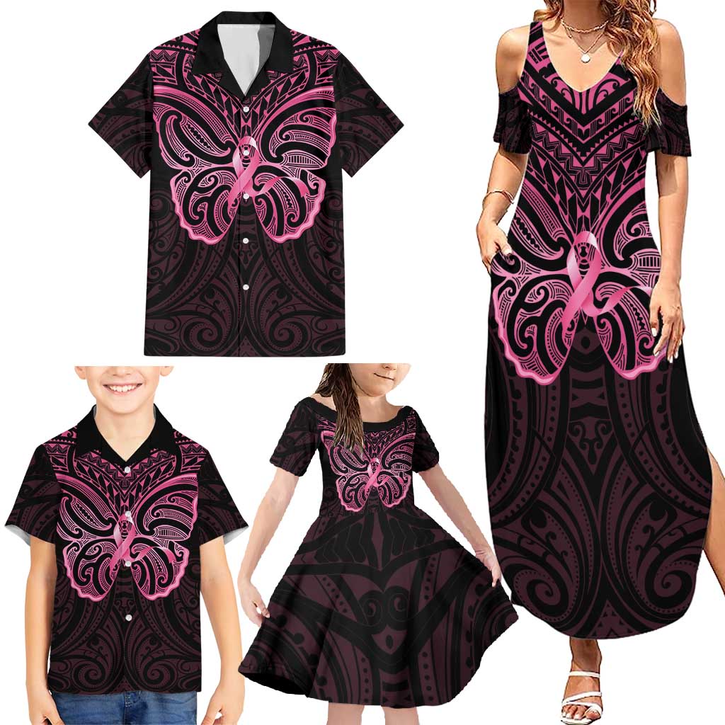 New Zealand Breast Cancer Awareness Family Matching Summer Maxi Dress and Hawaiian Shirt Maori Butterfly Pink Ribbon Black Version - Polynesian Pride