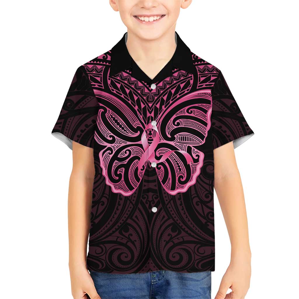 New Zealand Breast Cancer Awareness Family Matching Summer Maxi Dress and Hawaiian Shirt Maori Butterfly Pink Ribbon Black Version - Polynesian Pride