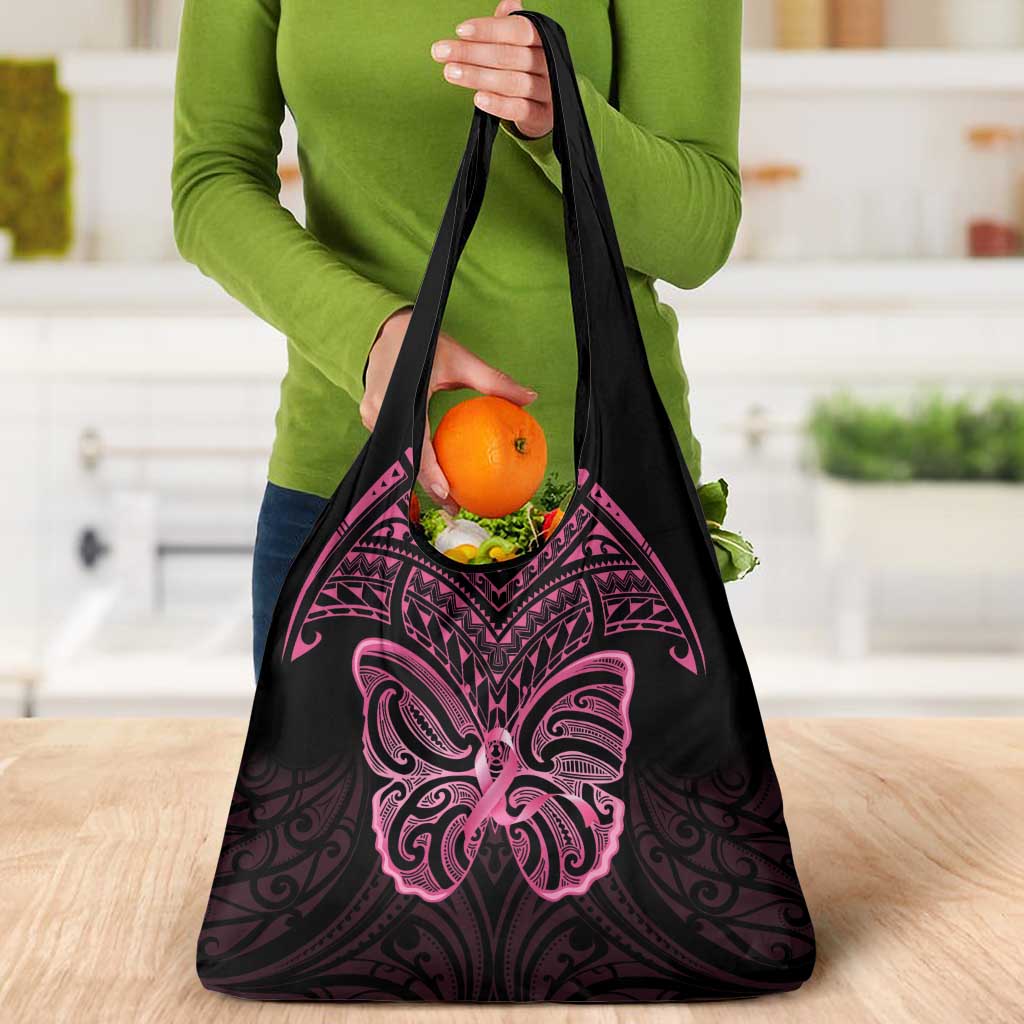 New Zealand Breast Cancer Awareness Grocery Bag Maori Butterfly Pink Ribbon Black Version - Polynesian Pride