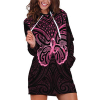 New Zealand Breast Cancer Awareness Hoodie Dress Maori Butterfly Pink Ribbon Black Version - Polynesian Pride