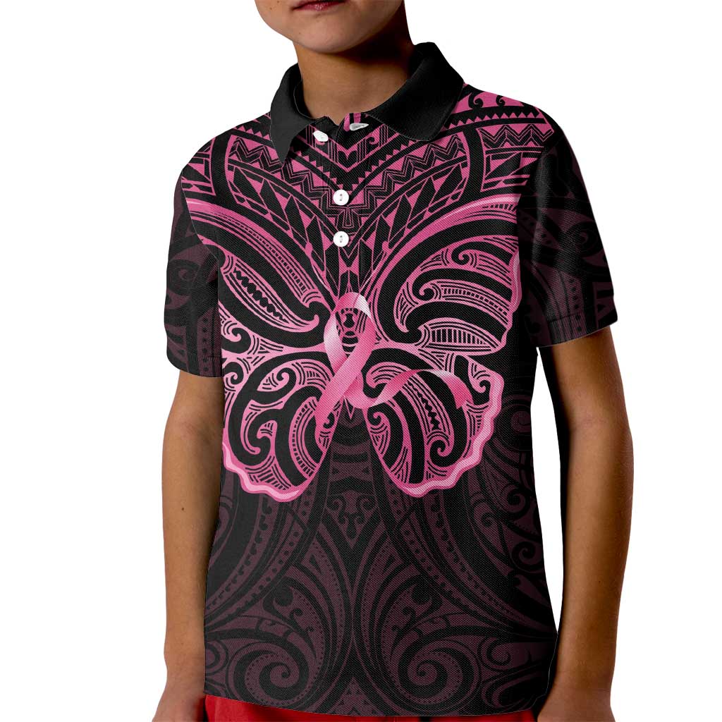 New Zealand Breast Cancer Awareness Kid Polo Shirt Maori Butterfly Pink Ribbon Black Version - Polynesian Pride