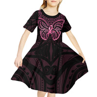 New Zealand Breast Cancer Awareness Kid Short Sleeve Dress Maori Butterfly Pink Ribbon Black Version - Polynesian Pride