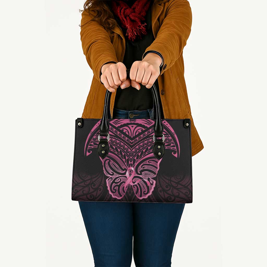New Zealand Breast Cancer Awareness Leather Bag Maori Butterfly Pink Ribbon Black Version - Polynesian Pride