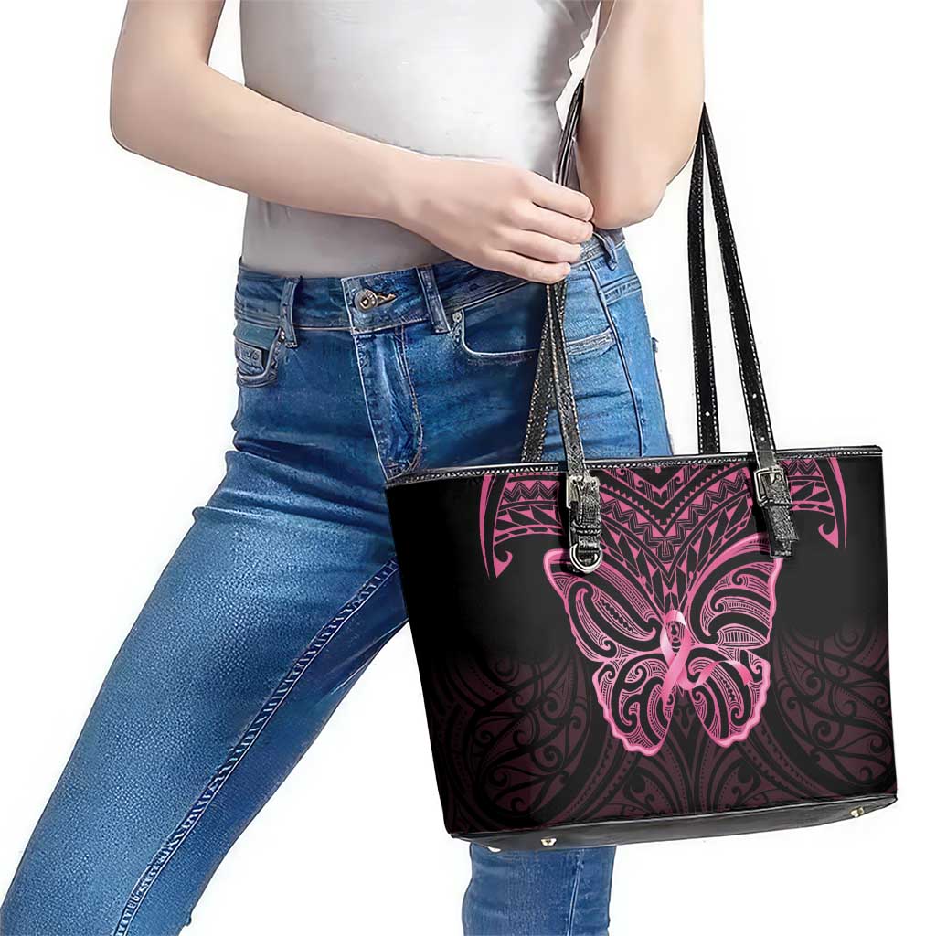New Zealand Breast Cancer Awareness Leather Tote Bag Maori Butterfly Pink Ribbon Black Version - Polynesian Pride