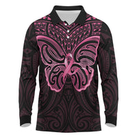 New Zealand Breast Cancer Awareness Long Sleeve Polo Shirt Maori Butterfly Pink Ribbon Black Version - Polynesian Pride