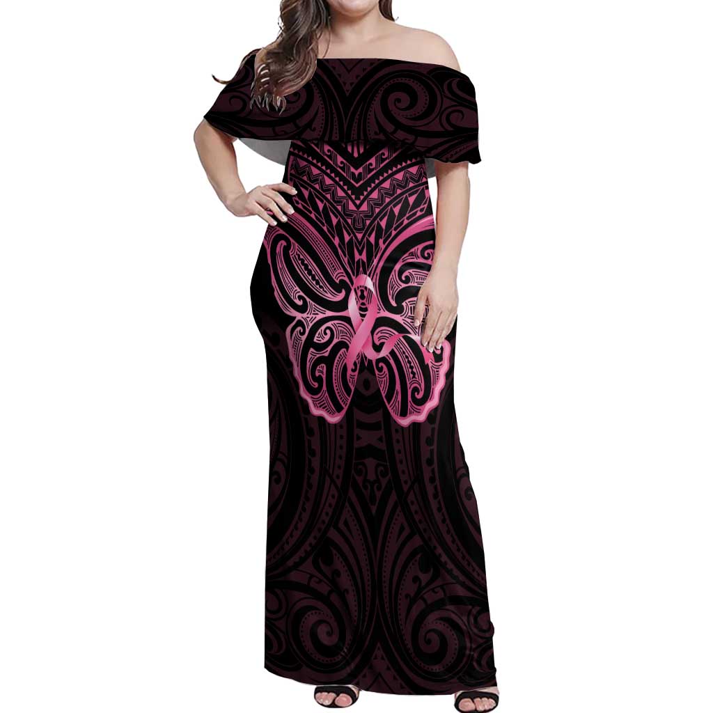 New Zealand Breast Cancer Awareness Off Shoulder Maxi Dress Maori Butterfly Pink Ribbon Black Version - Polynesian Pride