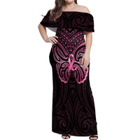 New Zealand Breast Cancer Awareness Off Shoulder Maxi Dress Maori Butterfly Pink Ribbon Black Version - Polynesian Pride