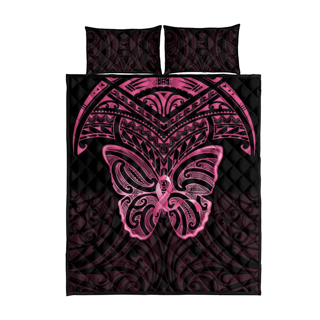 New Zealand Breast Cancer Awareness Quilt Bed Set Maori Butterfly Pink Ribbon Black Version - Polynesian Pride