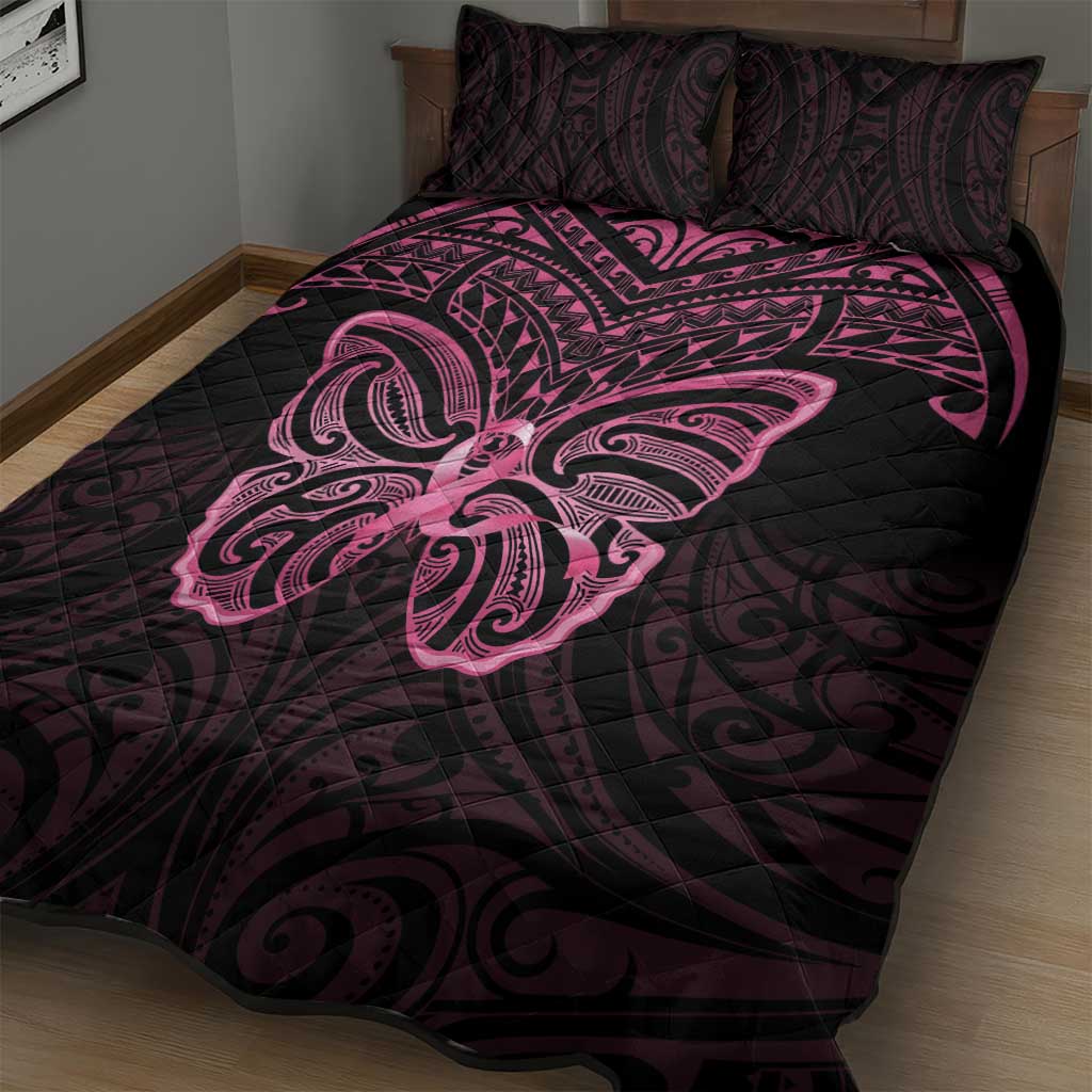 New Zealand Breast Cancer Awareness Quilt Bed Set Maori Butterfly Pink Ribbon Black Version - Polynesian Pride