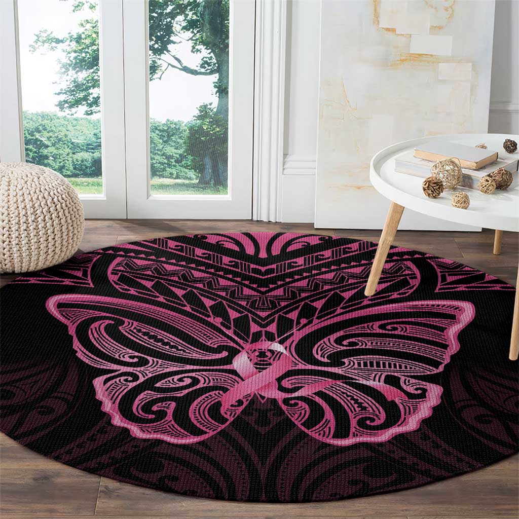 New Zealand Breast Cancer Awareness Round Carpet Maori Butterfly Pink Ribbon Black Version - Polynesian Pride