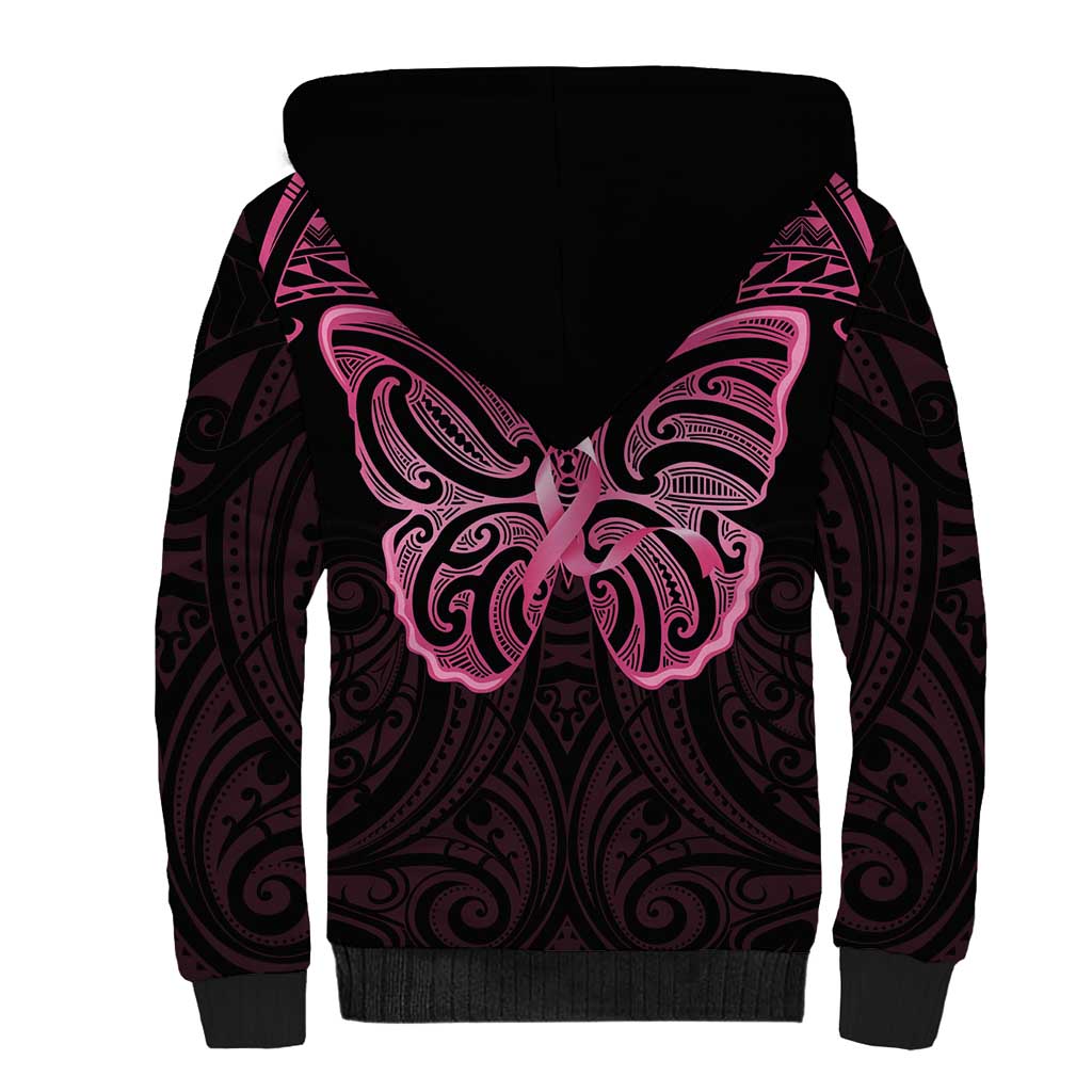 New Zealand Breast Cancer Awareness Sherpa Hoodie Maori Butterfly Pink Ribbon Black Version - Polynesian Pride