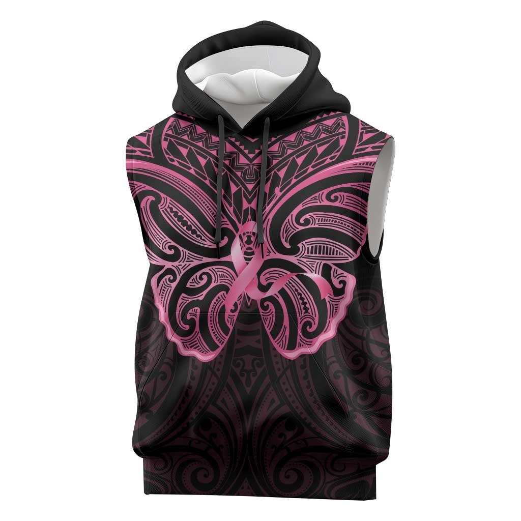 New Zealand Breast Cancer Awareness Sleeveless Hoodie Maori Butterfly Pink Ribbon Black Version - Polynesian Pride