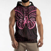 New Zealand Breast Cancer Awareness Sleeveless Hoodie Maori Butterfly Pink Ribbon Black Version - Polynesian Pride