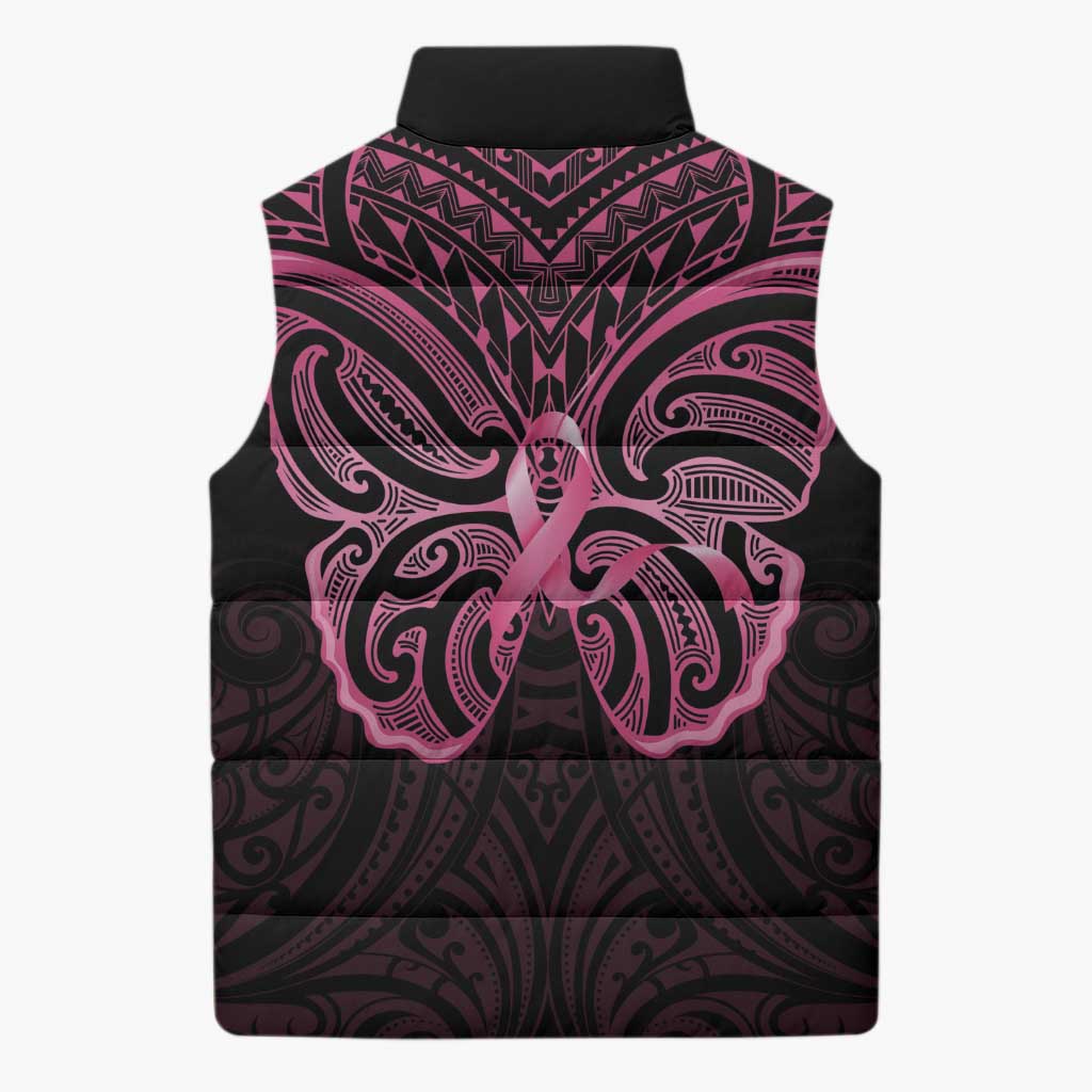 New Zealand Breast Cancer Awareness Sleeveless Puffer Jacket Maori Butterfly Pink Ribbon Black Version - Polynesian Pride