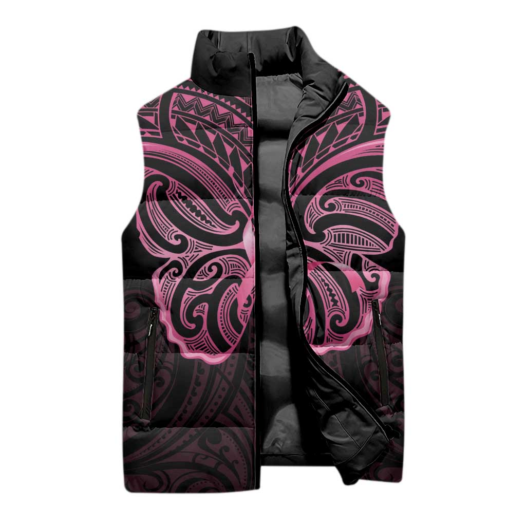 New Zealand Breast Cancer Awareness Sleeveless Puffer Jacket Maori Butterfly Pink Ribbon Black Version - Polynesian Pride