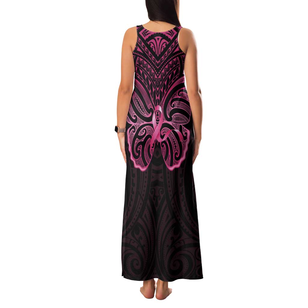 New Zealand Breast Cancer Awareness Tank Maxi Dress Maori Butterfly Pink Ribbon Black Version - Polynesian Pride